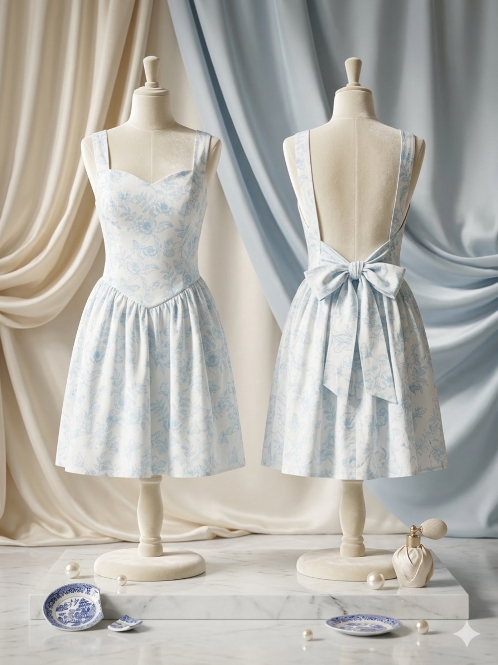 wild fable Light Blue and White Floral A-Line Sundress with Bow Back